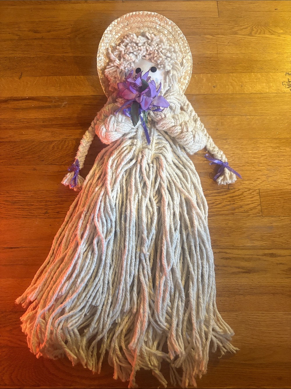 Handmade Vintage Mop Doll Wall  in Natural Cream with Purple Accents